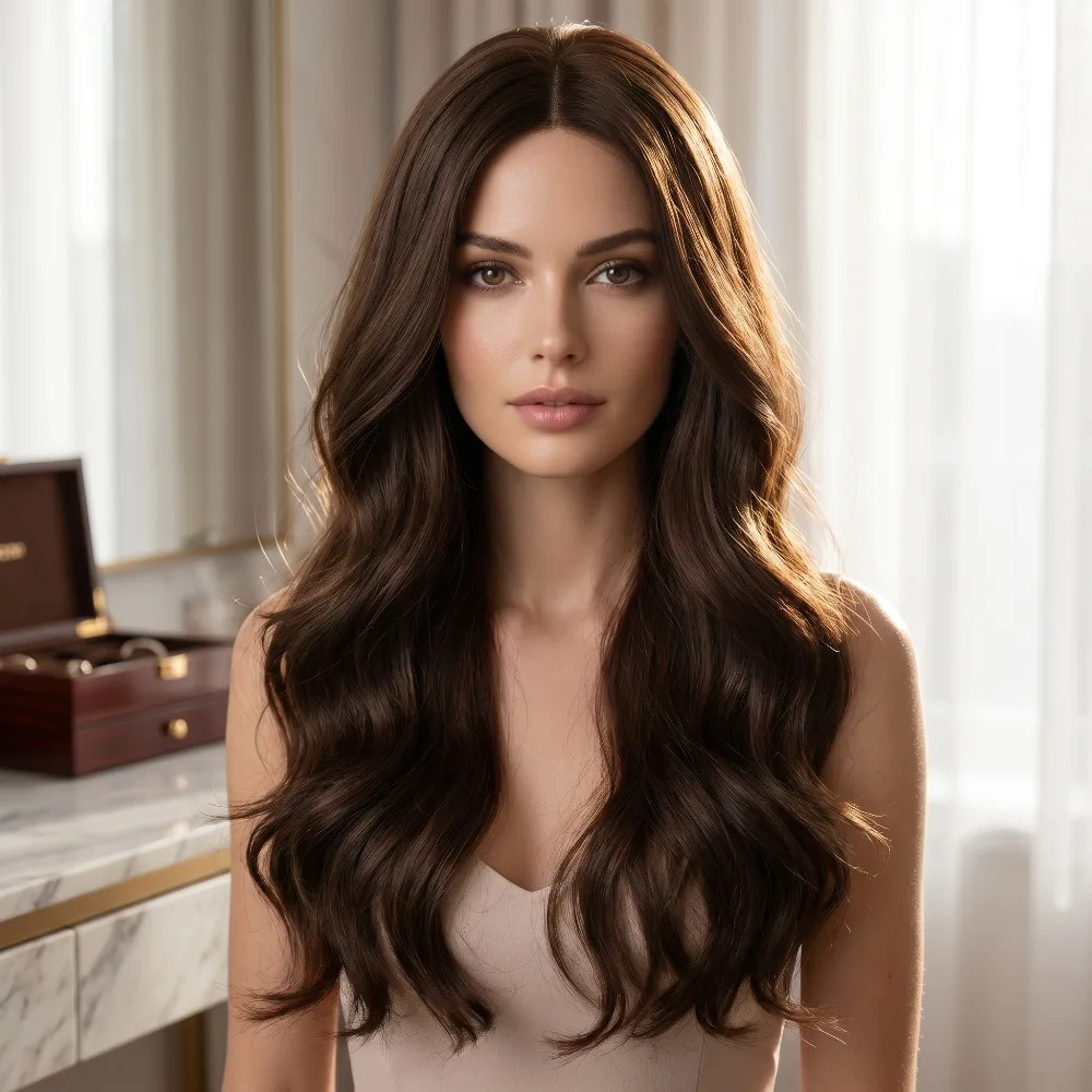 Dark brown medium-length curly hair wig woman, natural simulation big wave full head cover, gentle temperament can be worn daily