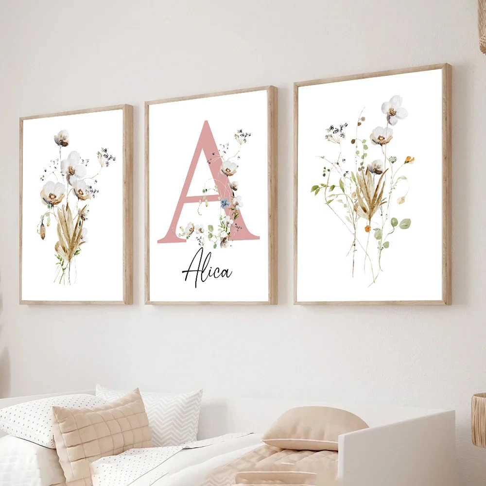 Boho Wildflowers Nursery Wall Art Canvas Painting Personalized Baby Name Posters And Prints Pictures Kids Gilrs Room Decoration