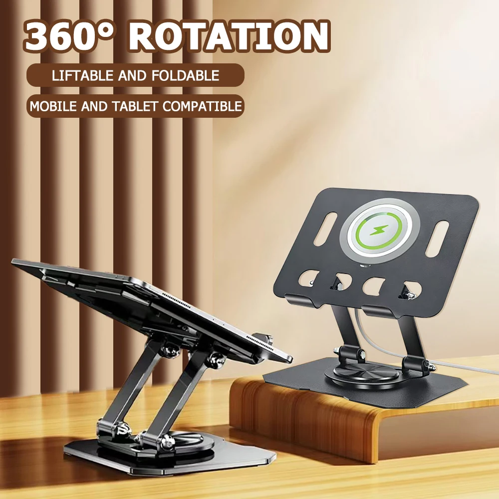 360 °   Drehbarer Verstellbarer Ständer für Tablet und Laptop, Tragbarer Faltbarer Metall-Tablethalter mit Kabelloser Ladefunktion, Computer-Desktop-Ständer