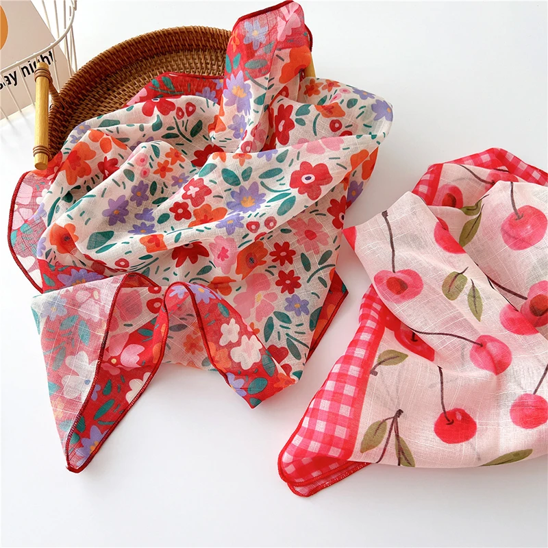 Cotton Linen Shawl Square Scarf Women Floral Print Hijabs Ladies Bandanas Wraps Sunscreen Head Scarf Wraps Scarves Neckerchief