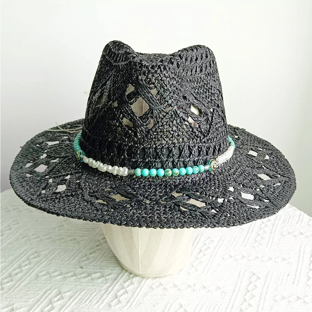 Bohemian straw hat men and women beach hollow hat turquoise decoration wide brim European and American style sun hat straw hat