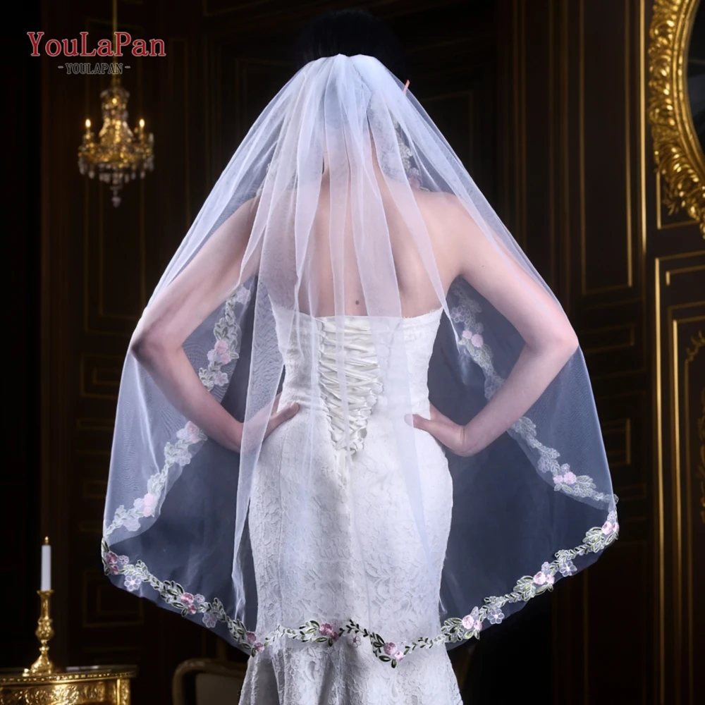 YouLaPan Wedding Veils with Lace Border Trim Elbow Length Lace Bridal Veil with Partial Trim Soft Single Tier Veils V199