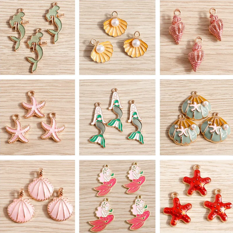 10pcs/lot Enamel Marine life Charms for Jewelry Making Cute Shell Starfish Pearl Charms Pendants for DIY Necklaces Earrings Gift