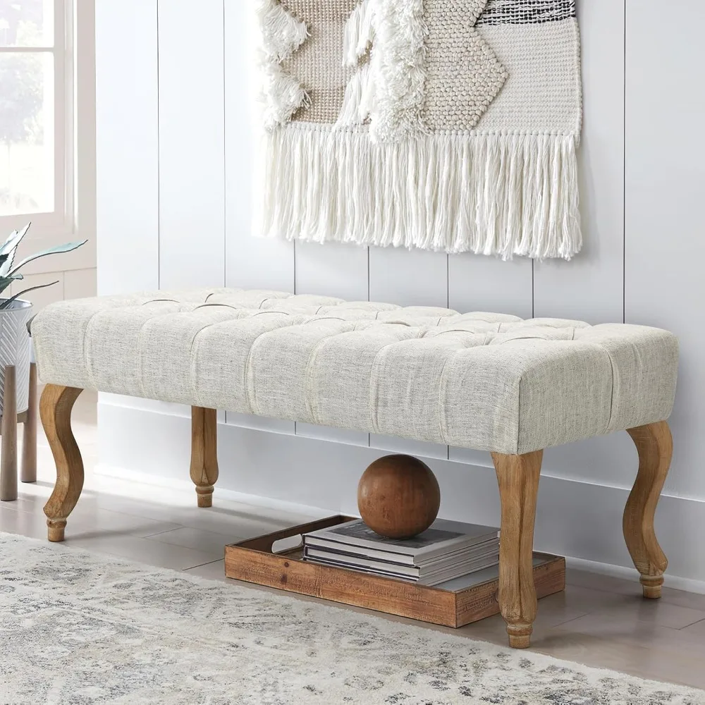 

French Vintage Button-Tufted Upholstered Entryway Bench, Linen Fabric Accent Bench with Distressed Wood Legs for Living Room