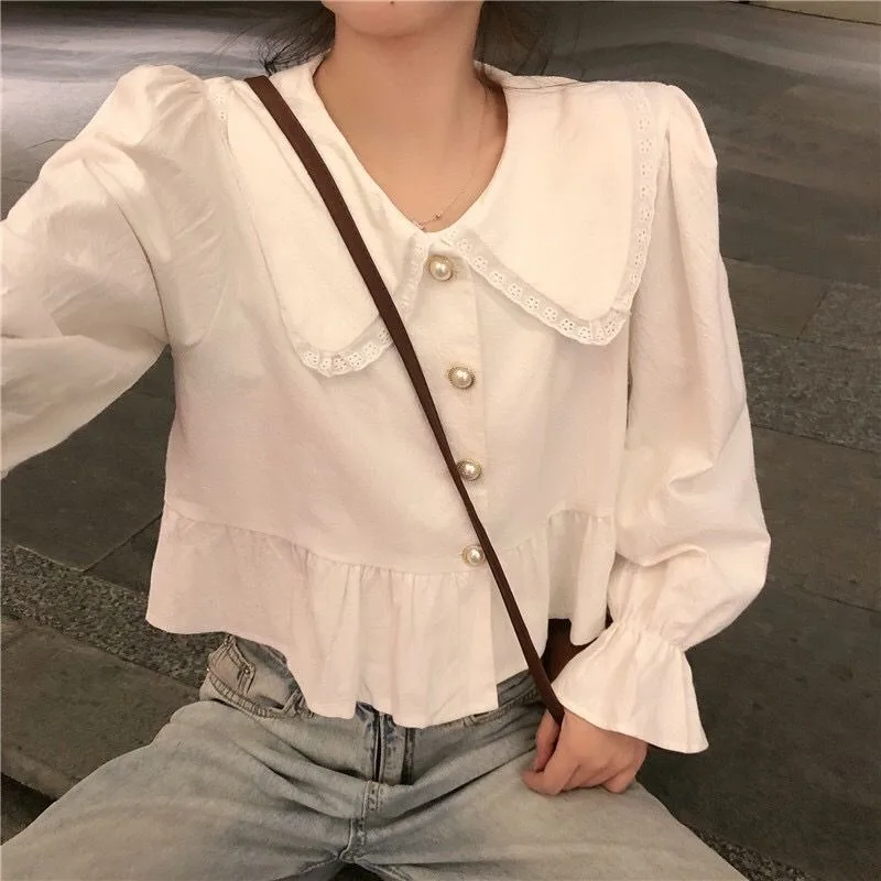 Korean Style Women Shirt Long Sleeve White Top Female Autumn Peter Pan Collar Fashion Woman Blouse 2024 Lace Ruffles Clothes New