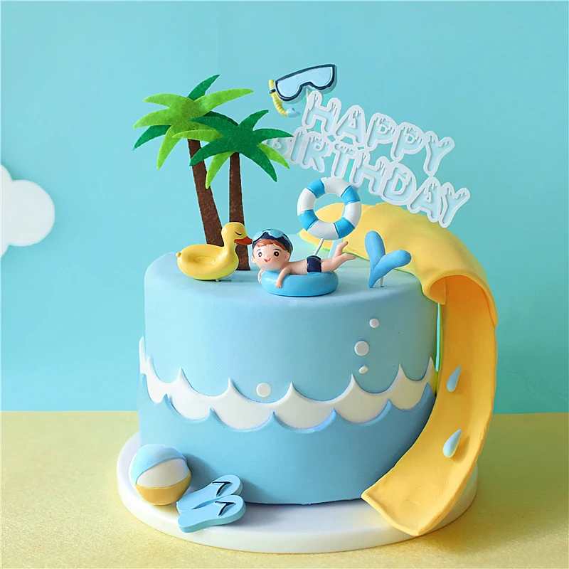 

Surf Swimming Boy Hawaiian Themed Party Coconut Tree Baking Cake Topper Decoration Yellow Duck Swim Ring Glasses Dessert Supplie