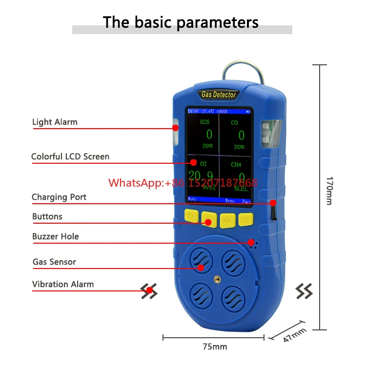 Portable Type 4 in 1 Analyzer LPG CH4 O2 CO2 H2S Multi Gas Detector