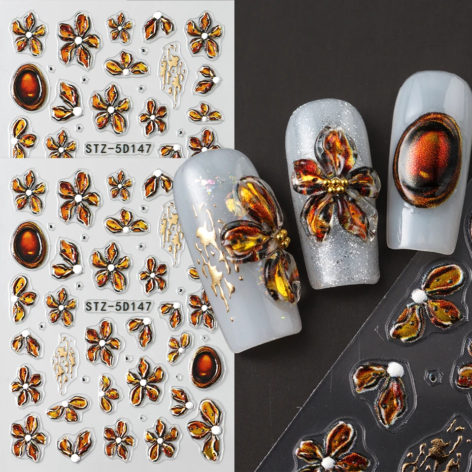 2 pçs flor marrom arte do prego adesivos 3d floral encantos decalque do prego auto-adesivo sliders folha outono decorações da arte do prego manicure