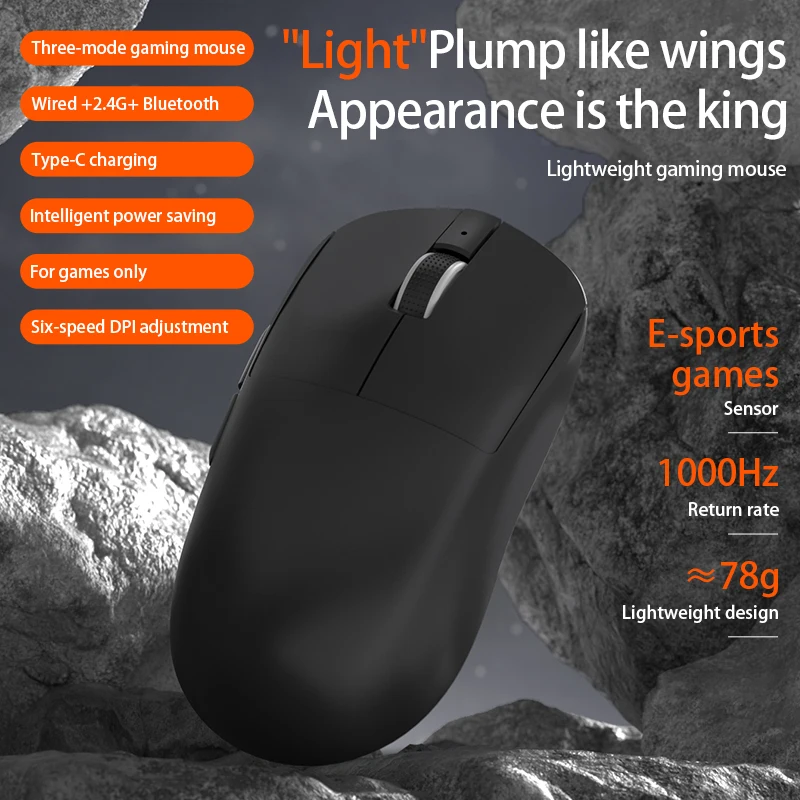 Triple Mode Gaming Mouse Rechargeable Lightweight, 2.4G/BT/Wired 6-Button 6 DPI RGB Backlit for PC Laptop