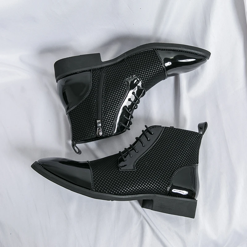 High Quality Men Boots Fashion Pointed Patent Leather Boots Lace Up Ankle Boot Classic Business Dress Boots for Men Wedding Boot
