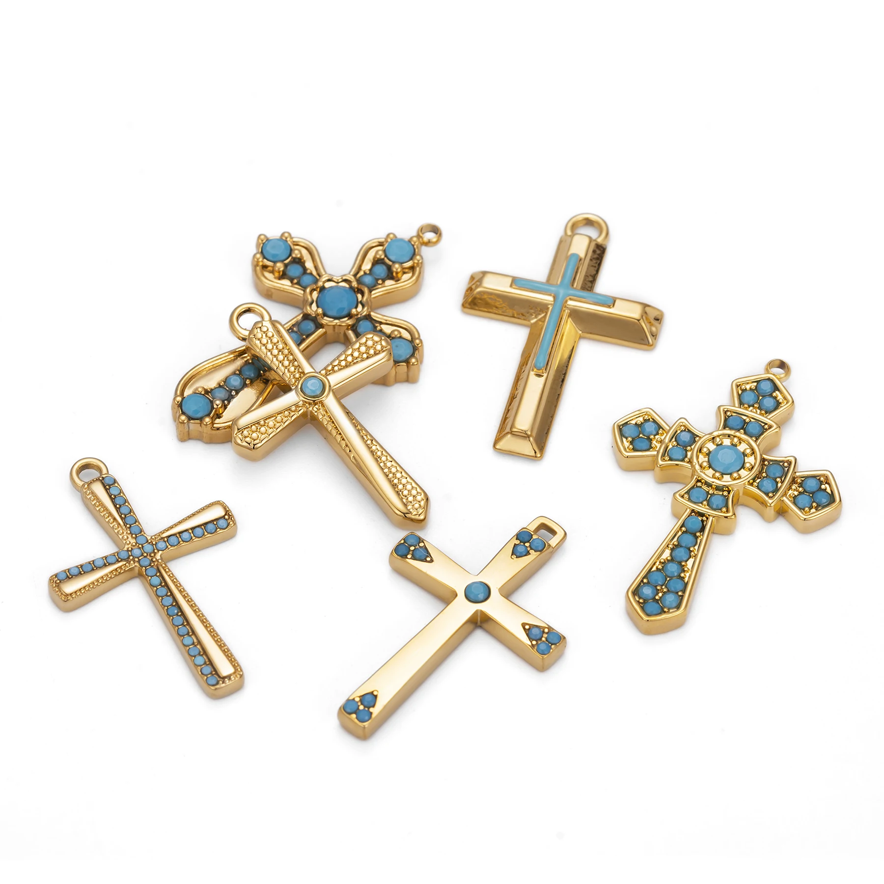 Wholesale 4pcs/lot Turquoise Cross Charms 18K Gold Plated Stainless Steel Religious Pendants DIY Jewelry Making Findings