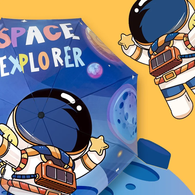 Parasol składany z 8 żebrami i uroczym wzorem astronauty z kreskówek, na co dzień, lekki, kompaktowy parasol plecakowy — zdjęcie 4
