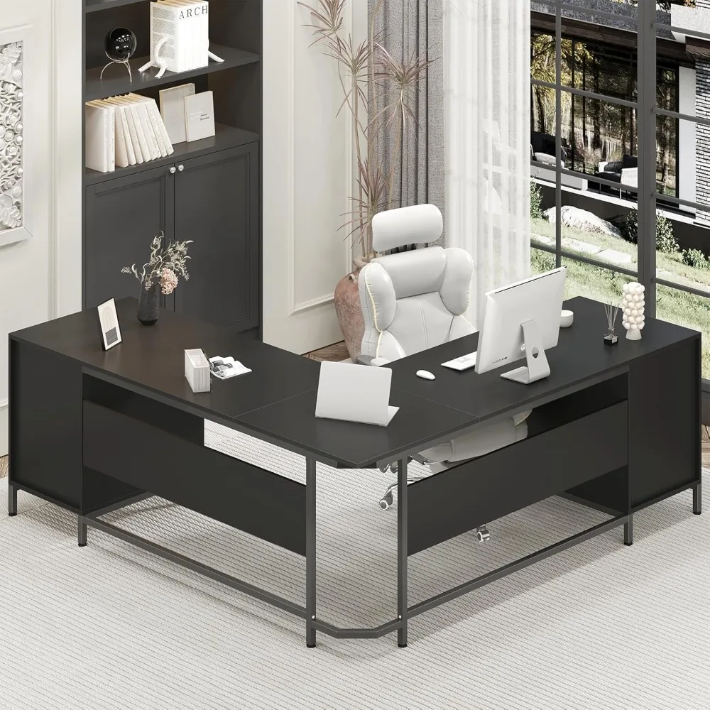 مكتب على شكل حرف L مقاس 59 بوصة مع 6 أدراج، مكتب كمبيوتر كبير بزاوية المكتب المنزلي مع خزانة ملفات تخزين