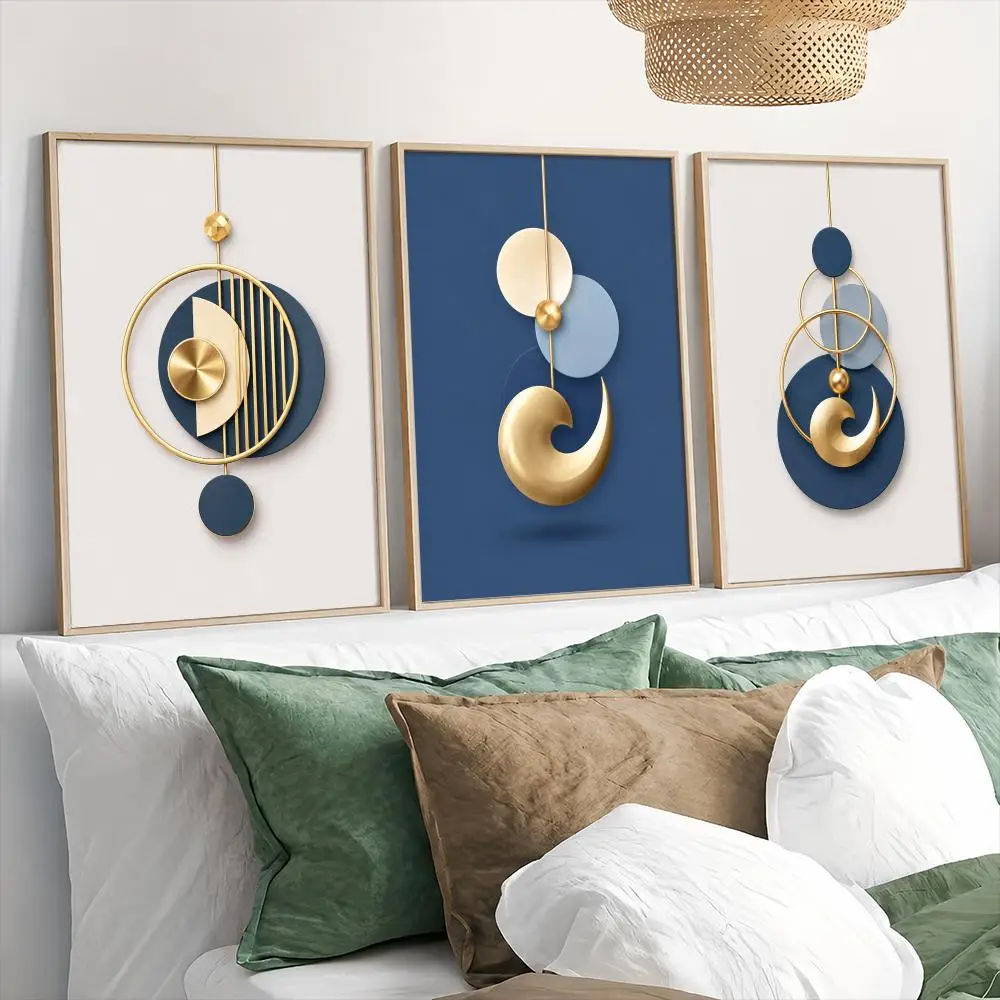 Navy Blue and Gold Abstract Painting Calligraphy 3 PCS Canvas Wall Art Prints for Living Room Decor Vintage Modern Wall Decals