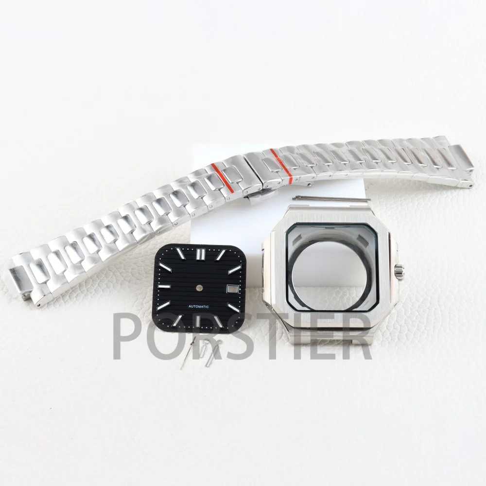 For Cubitus PP Square 38mm NH35 Watch Case Sapphire Glass Stainless Steel Strap Fit NH35 NH36 Movement 29.5mm Dial Mod Parts
