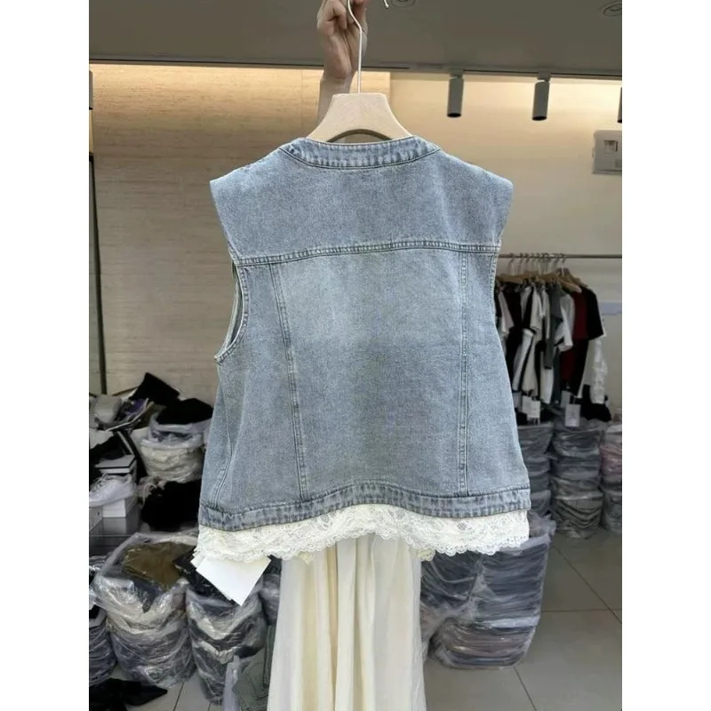 Women's Waistcoat Vest Spring New Letters Diamond Embroidery Round Neck Sleeveless Lace Patchwork Denim Coat Vest for Women
