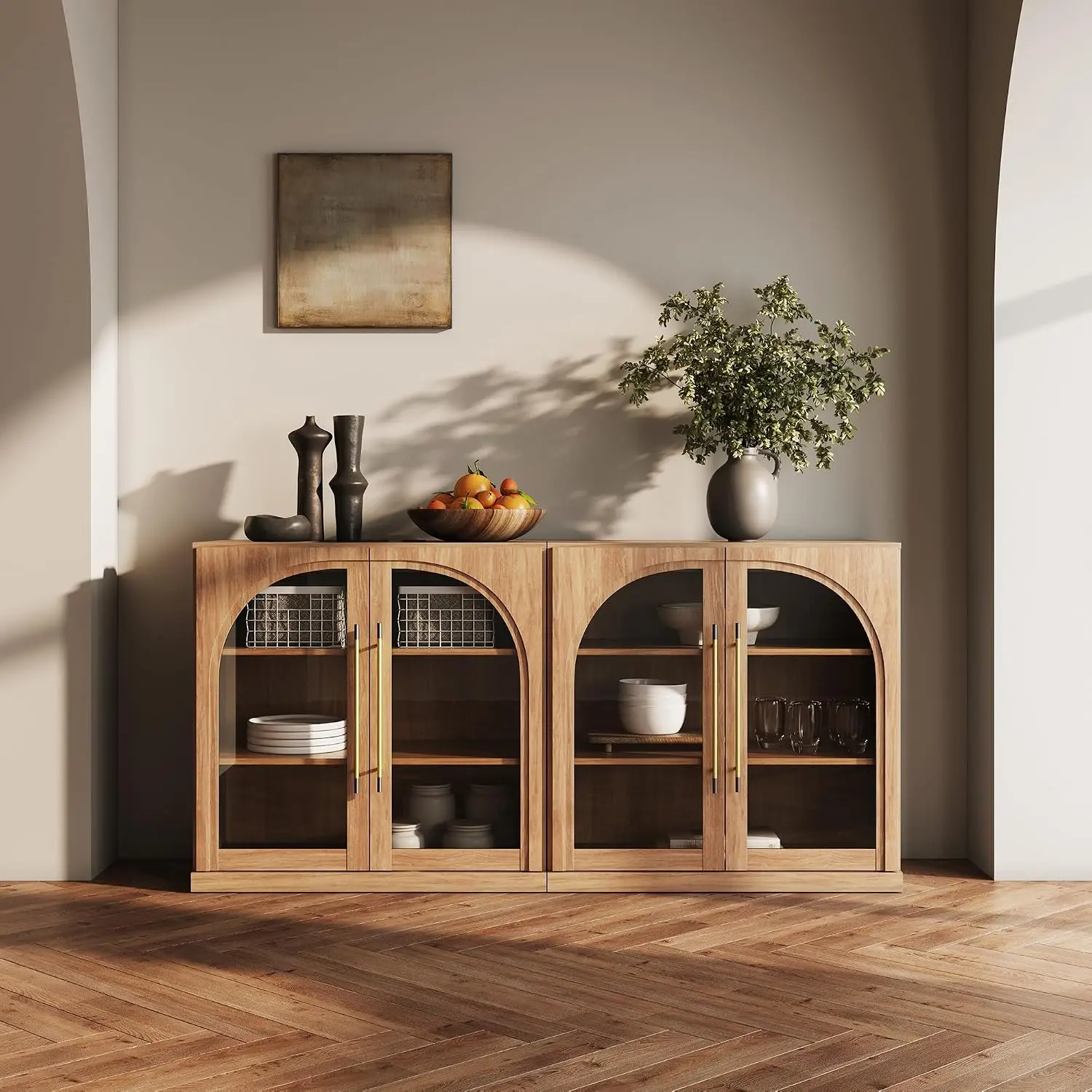 3 Tier Bookshelf with Arched Glass Door, Set of 2 Modern Display Bookcase Shelf with Storage and Adjustable Shelves, 65'' Wood B
