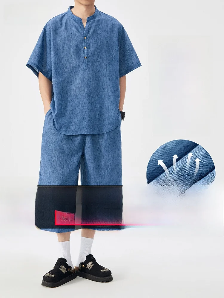 ensemble-decontracte-grande-taille-pour-homme-t-shirt-a-manches-courtes-respirant-et-pantalon-7-8-en-tissu-fin-effet-lin-pour-l'ete