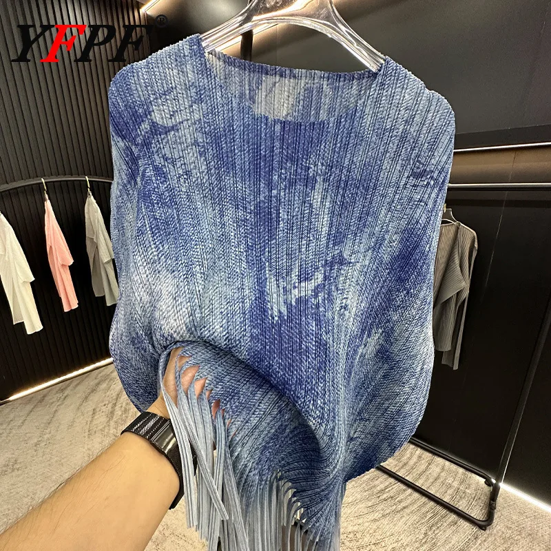 

YFPF Miyake Pleated Women T-shirt Fashion Denim Blue Gradient Tassel Design Loose Tops Casual 2025 Summer New Clothing