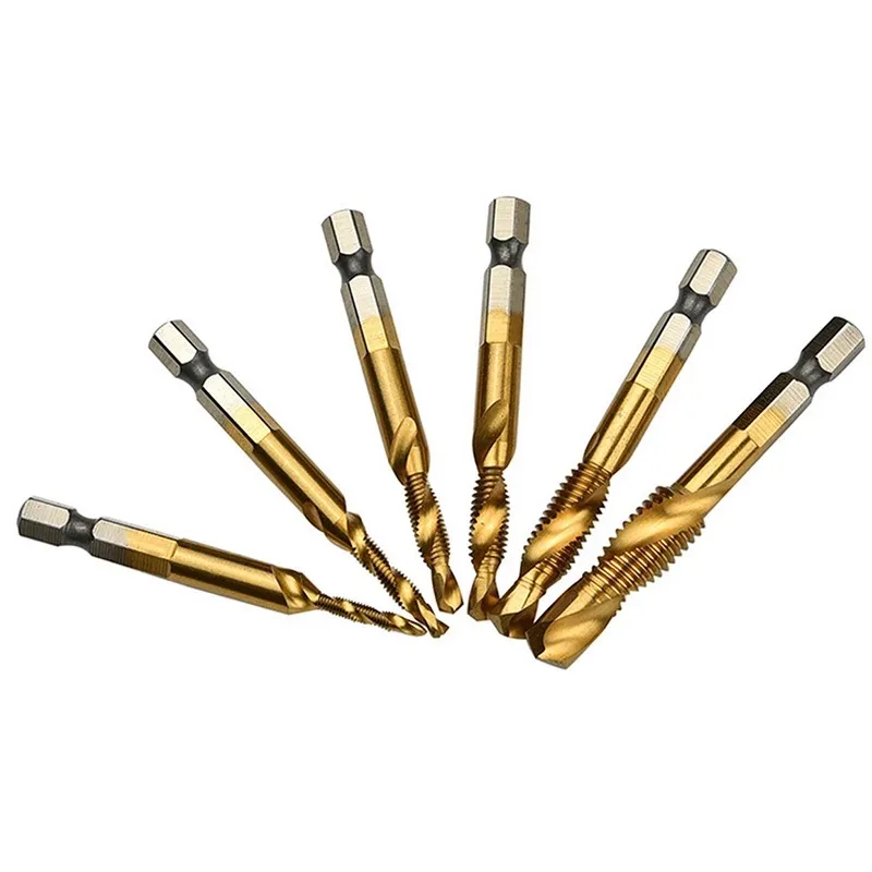 6pc High-speed Steel 4341 Titanium Plated Composite Tap Drill and Tap Integrated Machine Tap Open and Chamfer Tool Set