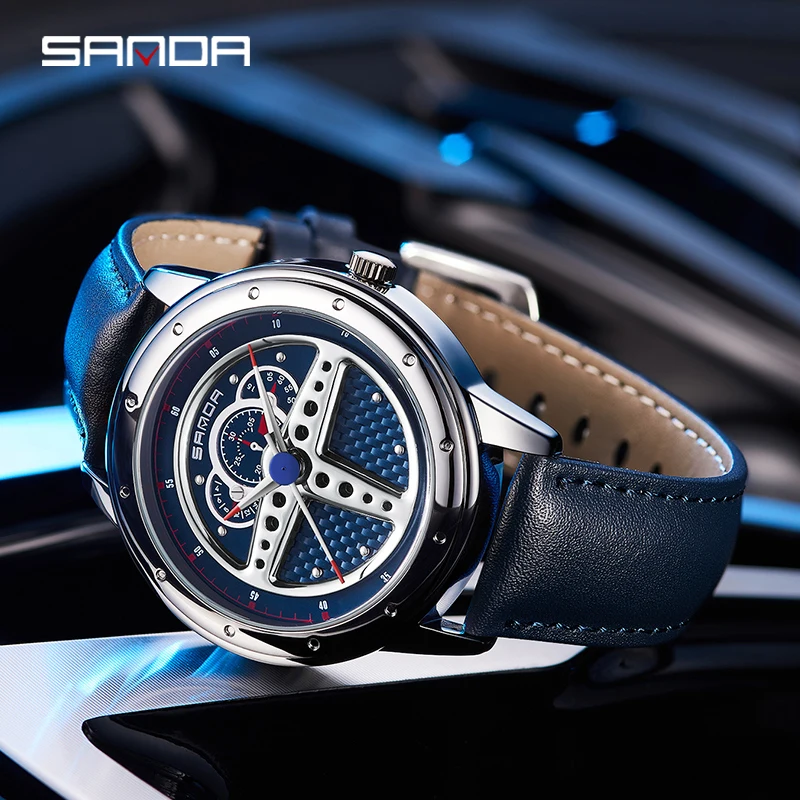 SANDA P1110 2023 Fashion Men Steering Wheel Design Watch Luxury Sports Waterproof Quartz Wristwatch Male Clock Relogio Masculino