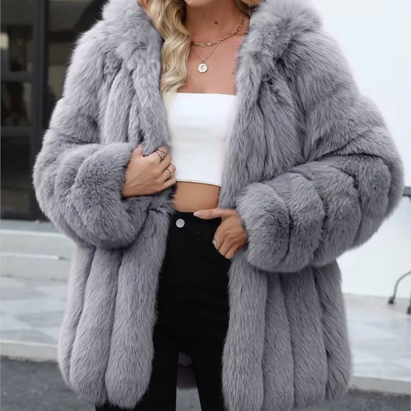 

2025 зимние женские утепленные однотонные куртки, пальто с мехом, пушистые длинные пальто, верхняя одежда, мужские топы из искусственного лисьего меха в стиле ретро, одежда