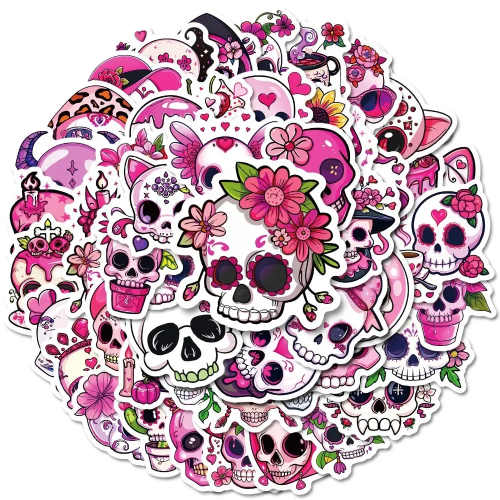 50pcs Halloween Pink Skull Graffiti Stickers Aesthetic Phone Wall Scrapbook Motorcycle Waterproof Cartoon Sticker for Kids Toys