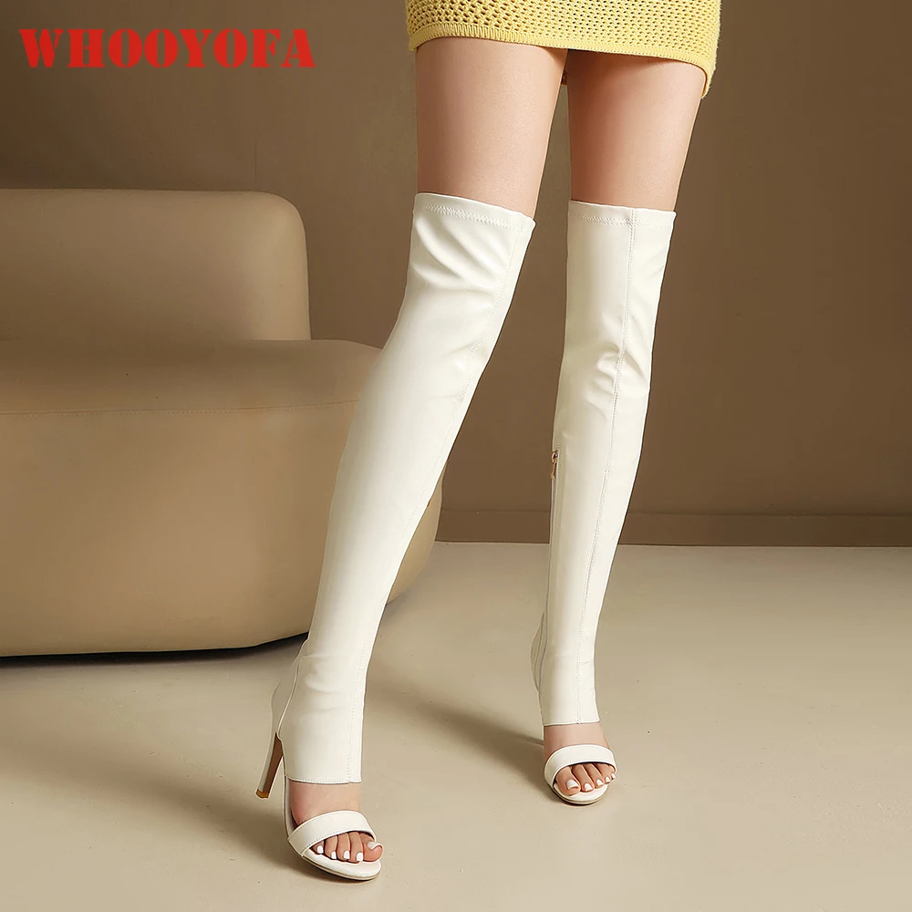 

Elegant White Women Summer Boots Over The Knee High 10cm High Stiletto Heels Lady Sandals Plus Big Size 12 44 48