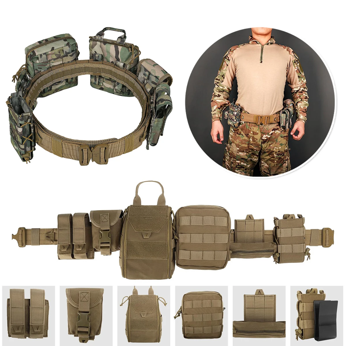 8-Piece Tactical Belt Set Quick Release Multi-Function Combination Duty Belt for Outdoor Hunting Shooting Role Play