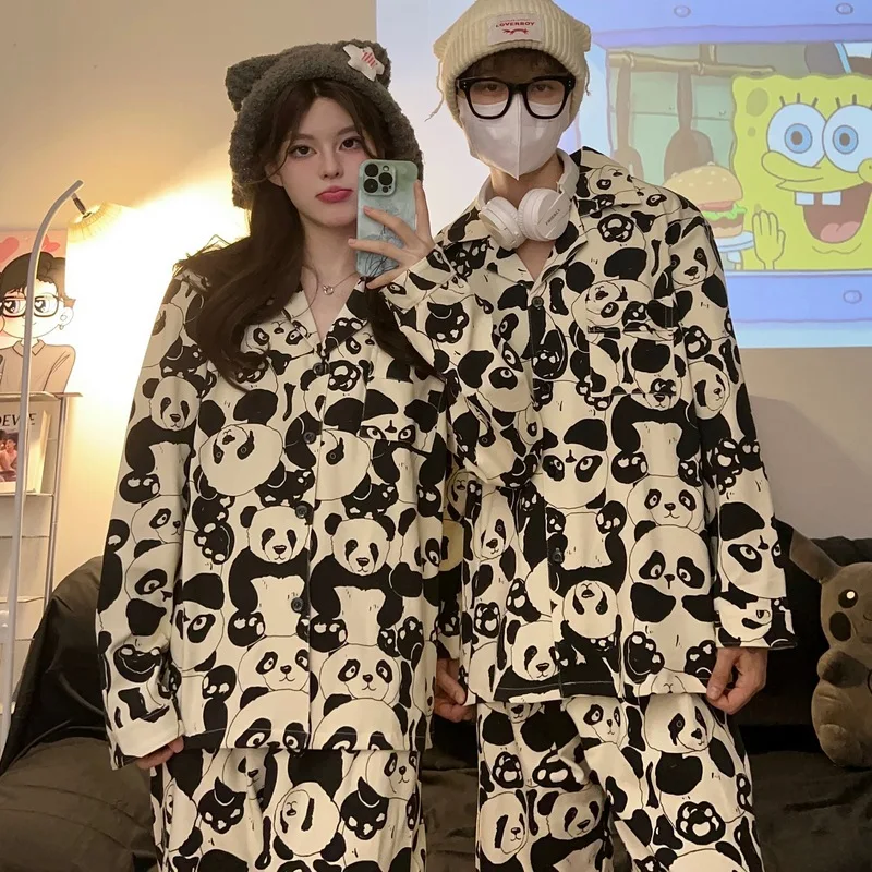 Couple Pajamas Cartoon Cinderblock Men\'s Summer and Fall Long-sleeved Set of Large Size Homewear Suit Can Be Worn Outside Suit