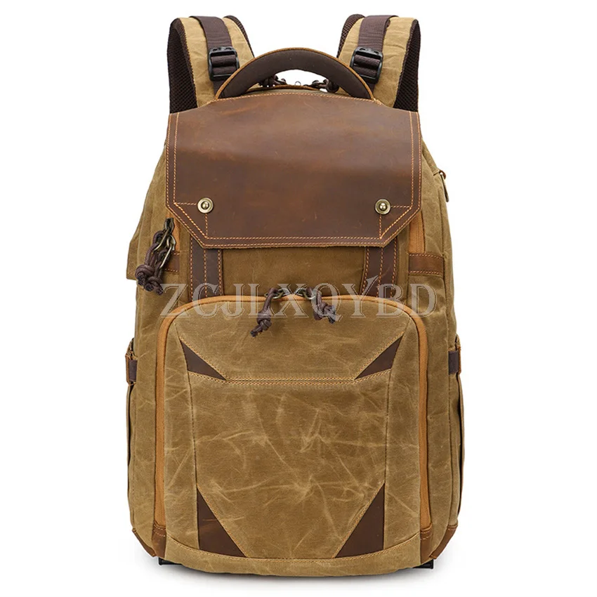 Waterproof Photography Retro Batik Canvas Leather Backpack with USB Port fit 15.4inch Laptop Men Camera Bag Travel Carry Case