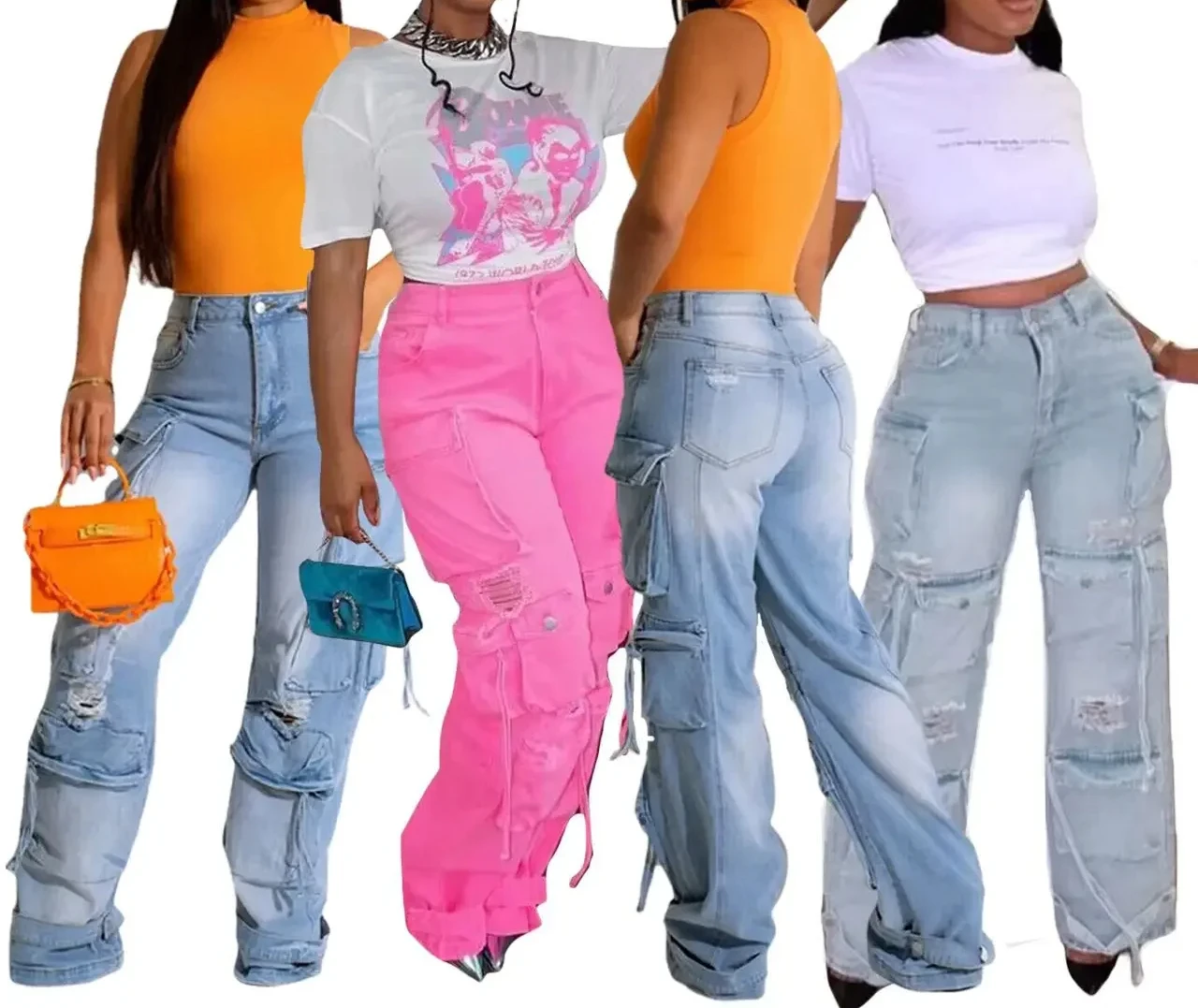 

Denim Pocket Pants Jeans Women Streetwear Retro Loose Wide Leg Overalls Vintage Button Long Capris Sporty Y2k Cargo Pants