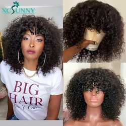 Xcsunny-Perucas Curtas de Cabelo Humano Encaracolado com Franja, Bob Solto, Peruca Bang, Brasileira, Feita à Máquina, Top do Couro cabeludo