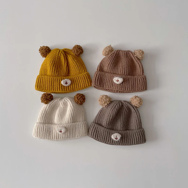 

Cute Cartoon Baby Bear Beanie Winter Warm Children Ear Protection Hat Solid Woolen Pullover Cap Plush Ball Kids Knitted Hat 0-2Y
