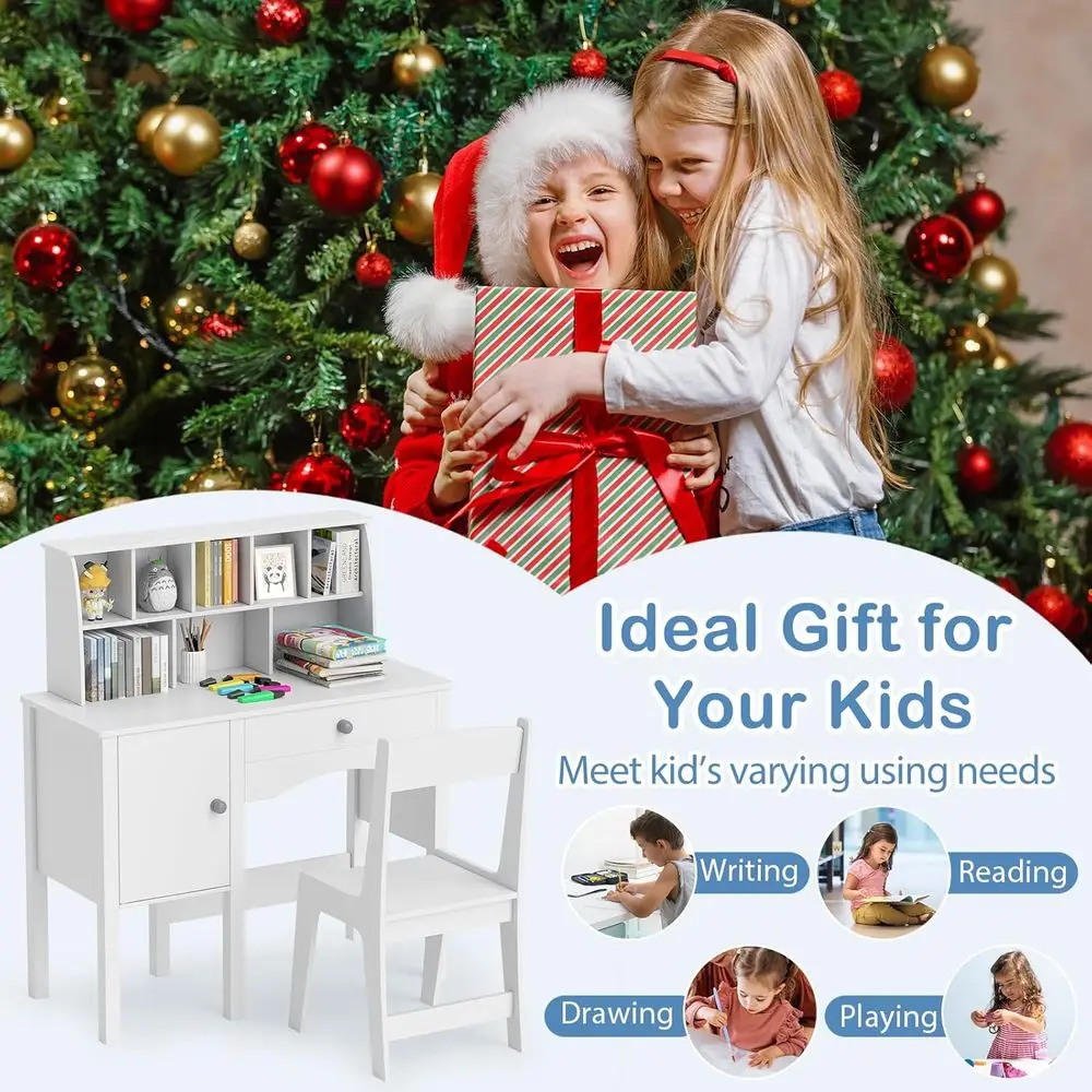 Houten kinderstudeerbureau met hok, grote opbergkast en lade, witte thuisschoolbureau en stoelset voor kinderen vanaf 3 jaar