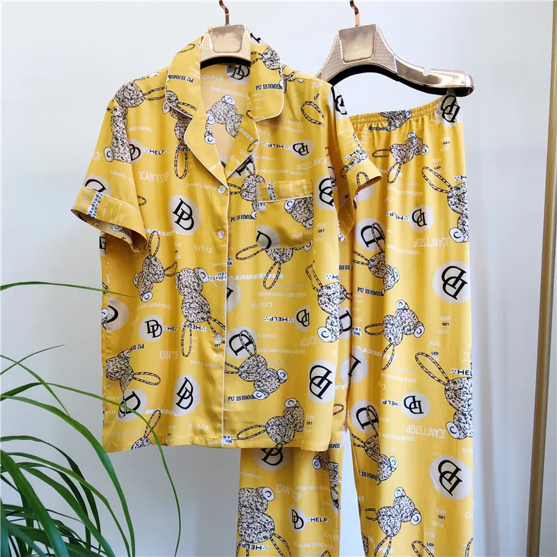 UHYTGF Spring Summer Pajamas Women's Short Sleeve Printed Cotton Silk Thin Home Clothes Sleepwear Female Trousers Nightgown 2502