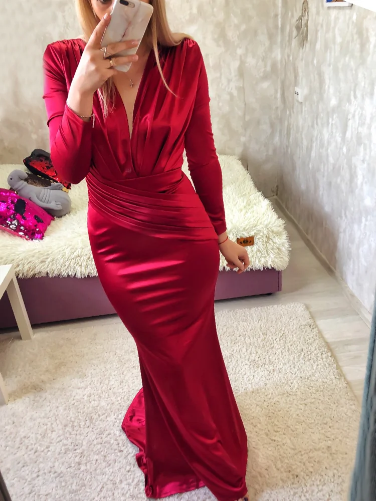 Romagic Elegant V Neck Ruched Wedding Evening Dress Satin Full Sleeve Low Cut Pink Mermaid Prom Dresses Long Luxury Gown