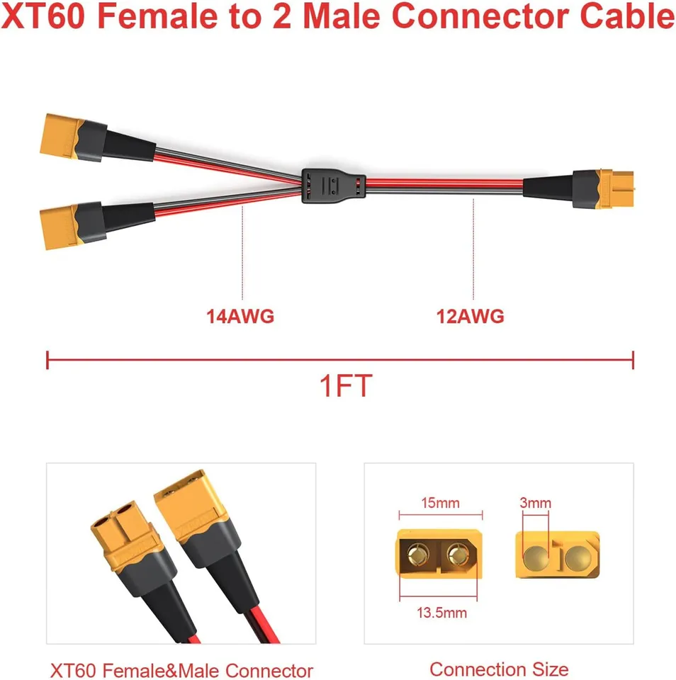 FLY RC – 2 Câbles Série XT60 12 AWG Pour Batteries Lipo – Double Mâle Vers Femelle, Silicone Souple