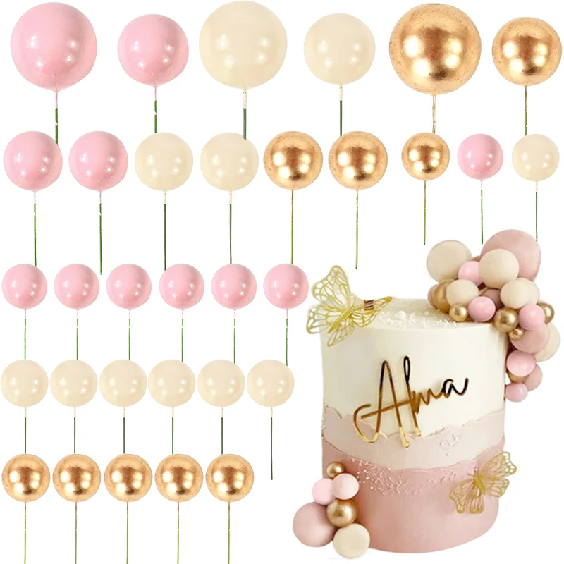 32 pçs/set bola bolo toppers rosa ouro pérola bolas cupcake topper bandeiras para crianças festa de aniversário decorações de casamento chá de bebê