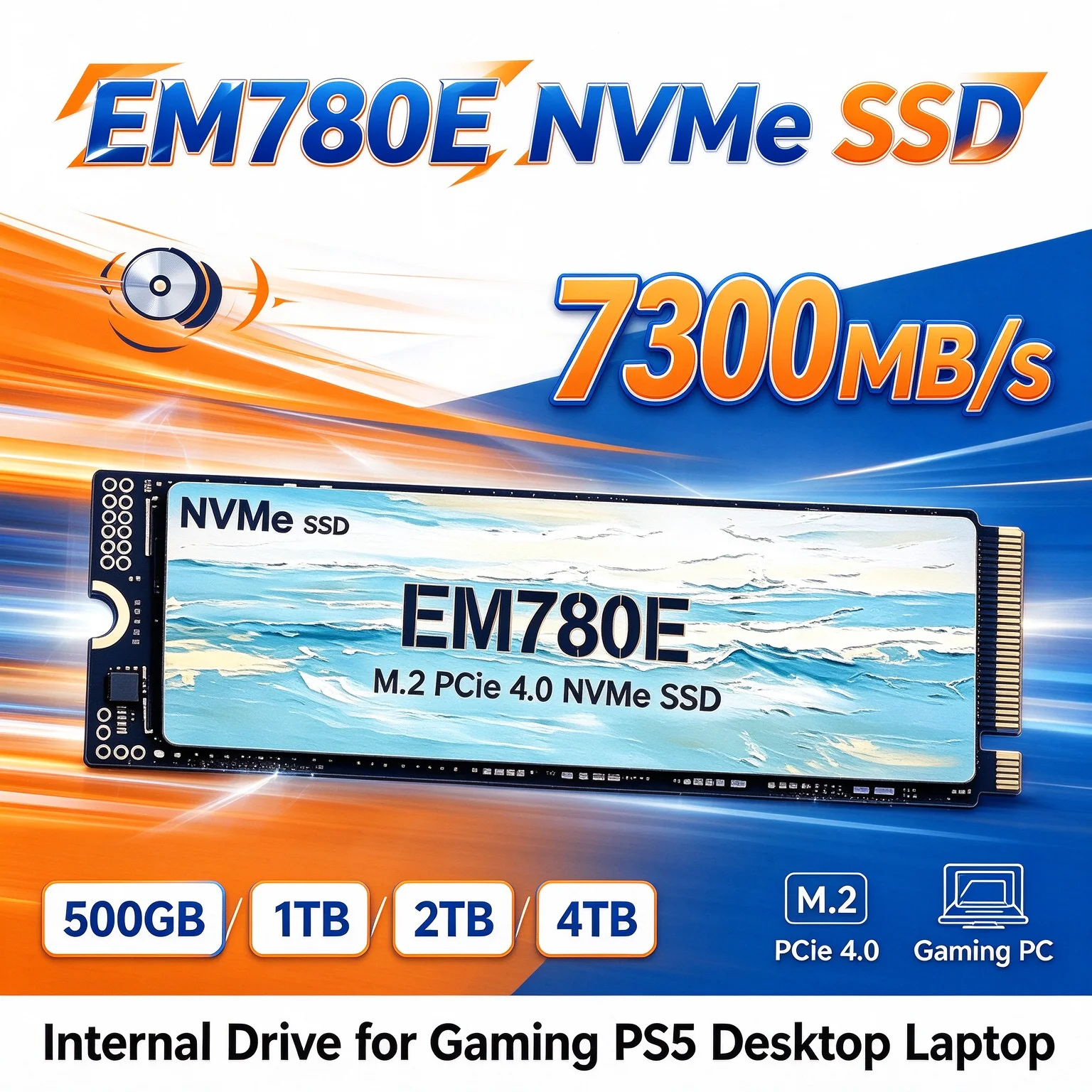 7300MB/s EM780E NVMe SSD Reliable Stable Built to Last PCIe 4.0 M.2 Internal Drive PS5 Desktop Laptop 4TB Maximum Storage