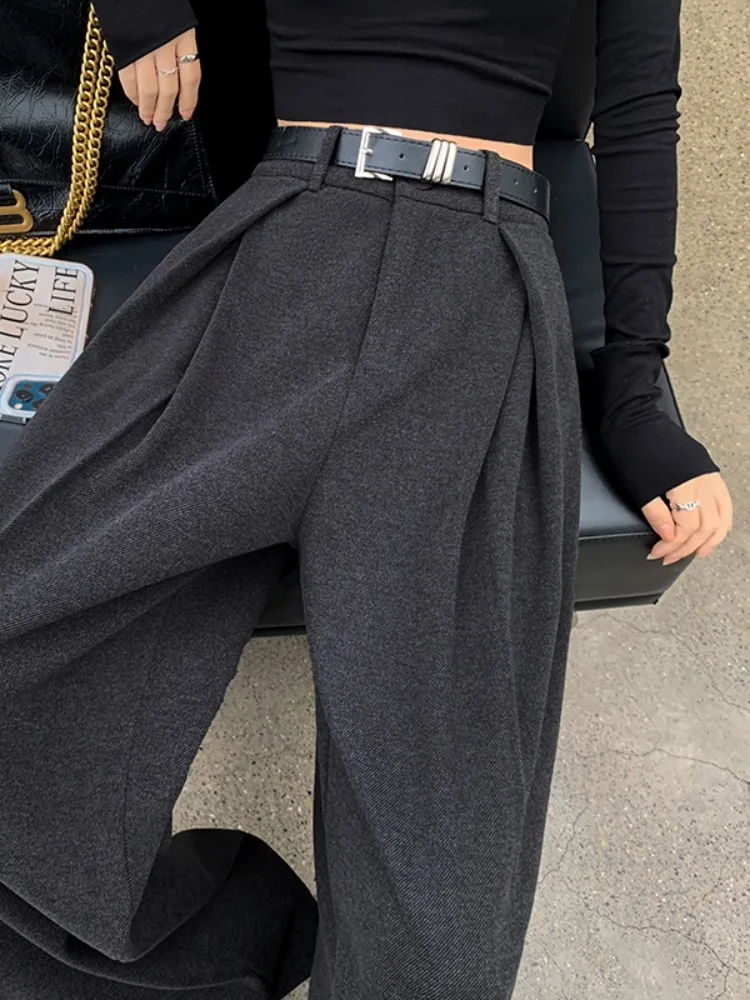 Terno de lã profundo, calças de pernas largas, outono inverno feminino, cintura alta, calças casuais retas, coreano, cintura alta, longo p...