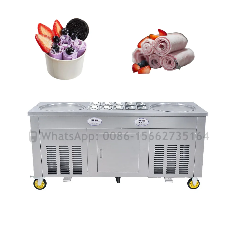 2800W Commercial Fried Ice Cream Roll Machine 10 Buckets Double Pans Stainless Steel Moveable Ice Cream Porridge Maker