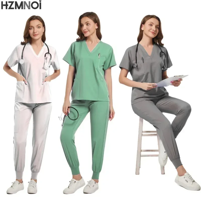 New Scrubs Set Medical Uniforms Stretch Scrub Tops with Pocket Pants Nurse Uniform Doctor Surgery Overalls Beauty Salon Workwear