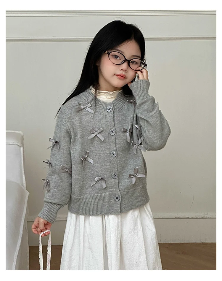 Elegante Schulmädchen-Baumwollpullover in Grau mit Schleifen für Mädchen, Kinder-Strickwaren, Mode für den Herbst, Teenager-Baby-Strickkleidung – Detail 3