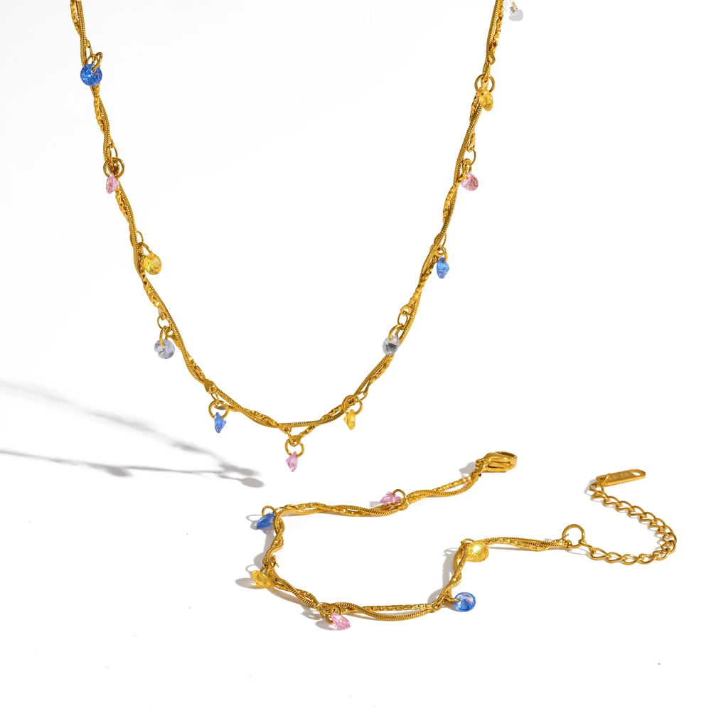 Women's 18K Gold Plated Stainless Steel Natural Stone Chain Bracelet And Necklace Set Vacation Style Colorful Fine Jewelry