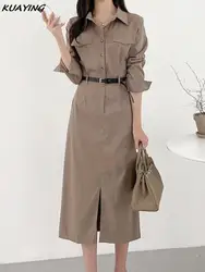 Korean Elegant Chic Office Women Dress Autumn Single Breasted Solid Vintage Business Vestidos with Belted Female Formal Clothes