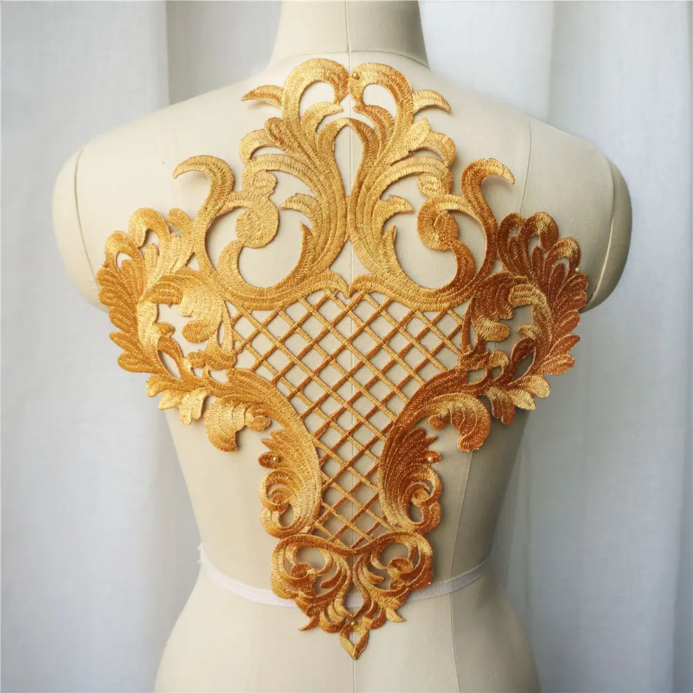 Gold Embroidery Baroque Grid Sequin Flower Applique Sew Iron Patch Wedding Gown Bridal Dress Clothes DIY Handwork Patches Crafts