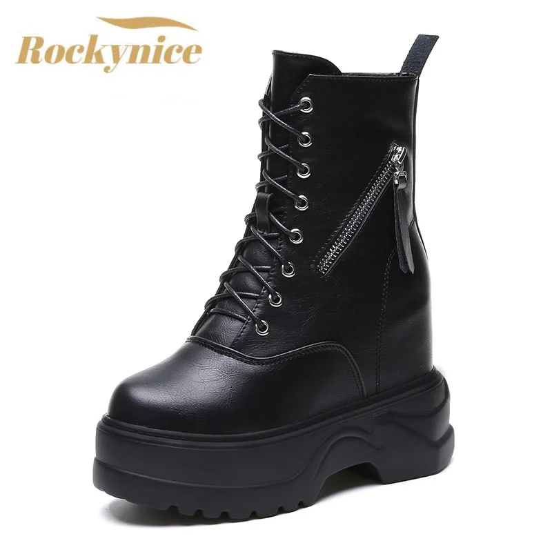 New 2022 Women Autumn Ankle Boots Increase Platform Zipper Sneakers Woman Leather Boots 11CM High Heels Winter Motorcycle Boots