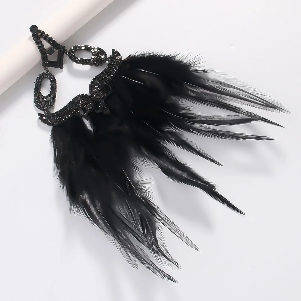 Stonefans Boho Black Feather Earrings Dangle Belly Dance Women 2024 Indian Bridal Exaggerate Rhinestone Earrings Prom Jewelry