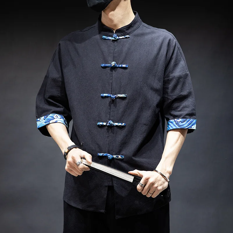 Summer Men's Chinese Style Buckle Short-sleeved Shirt Fashion Color Matching Stand-up Collar Tang Men's Casual Top